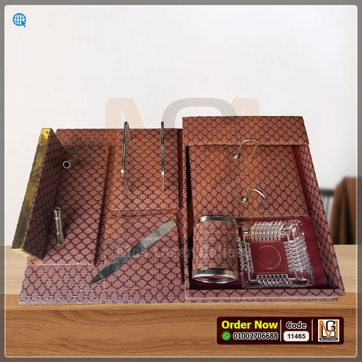 طقم مكتب جلد بني منقوش ( 8 قطع) *20* | 11465
